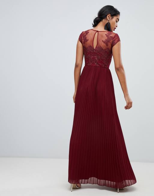 Chi Chi London lace embroidered top maxi dress with pleated skirt in wine