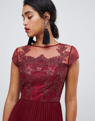 chi chi london lace embroidered top maxi dress with pleated skirt in wine
