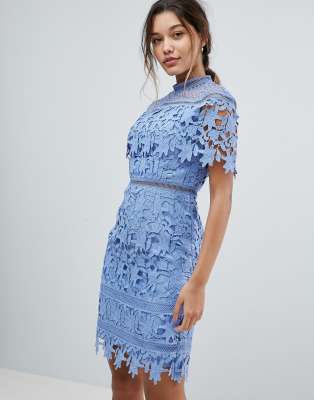 Blue Lace Square Neck Lace Insert Dress