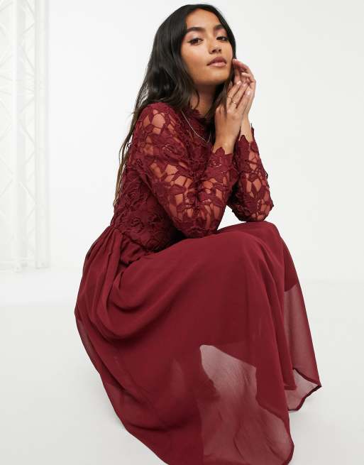 Long maroon lace clearance dress