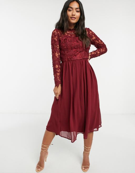 Chi Chi London lace long sleeve midi dress in burgundy