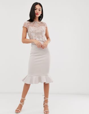 bodycon lace bodice peplum hem midi dress in green