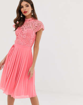 Chi Chi London lace midi dress with pleated skirt in coral-Pink