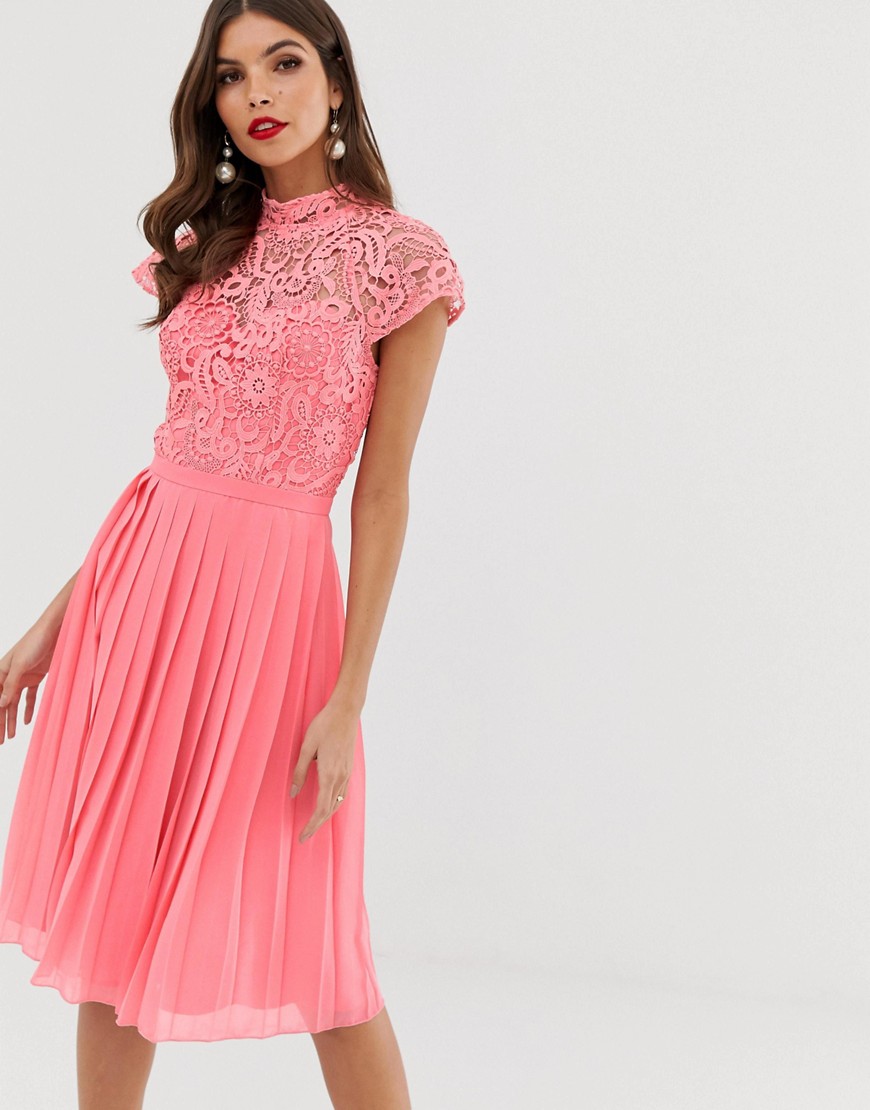 Chi Chi London lace midi dress with pleated skirt in coral-Pink