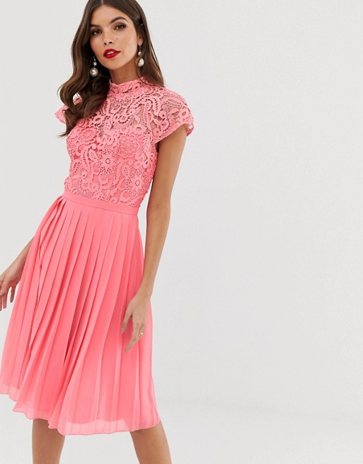 Chi Chi London lace midi dress with pleated skirt in coral