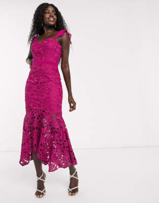 Pink lace high outlet neck fishtail midi dress