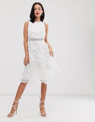 Chi Chi London lace midi skater dress in white