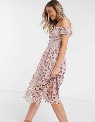 off shoulder lace cocktail midi dress