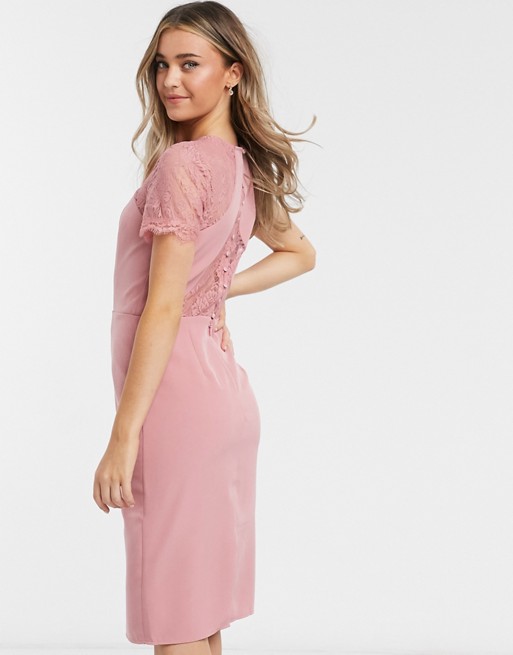 Chi Chi London lace panelled cut out back dress in pink