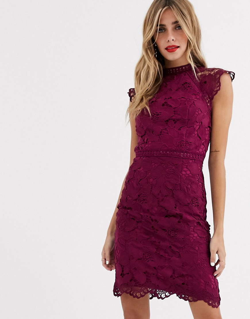 Chi Chi London lace pencil dress in mulberry-Red