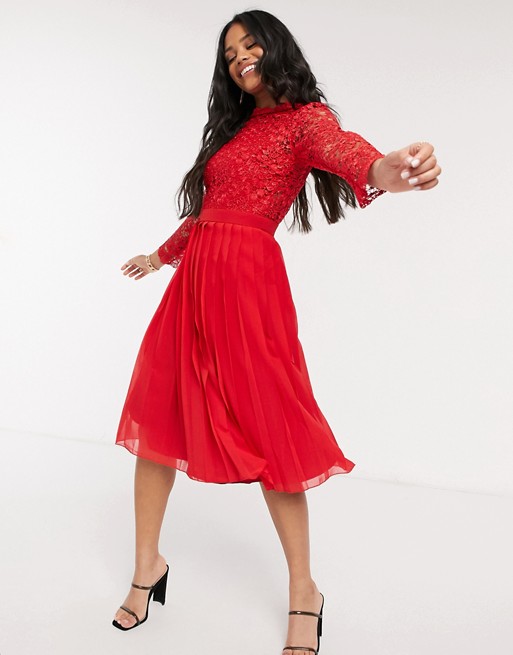 Chi Chi London lace sleeve midi dress in red