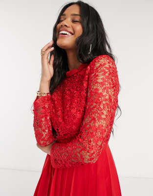 chi chi london dress red Puff Sleeve Premium Lace Bodycon Midi Dress in Red