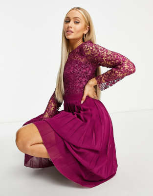 Chi Chi London lace top pleated skirt midi dress in berry pink