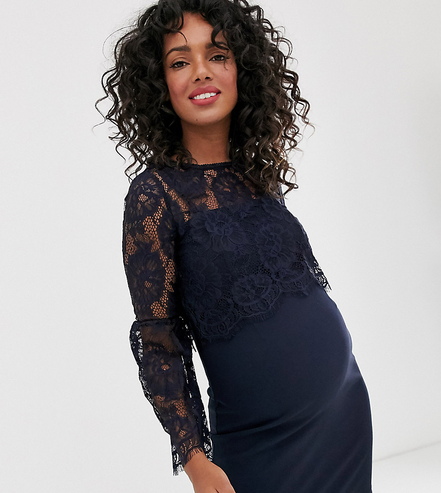 Chi Chi London - Maternity - 2-in-1 kanten jurk met lange mouwen in marineblauw