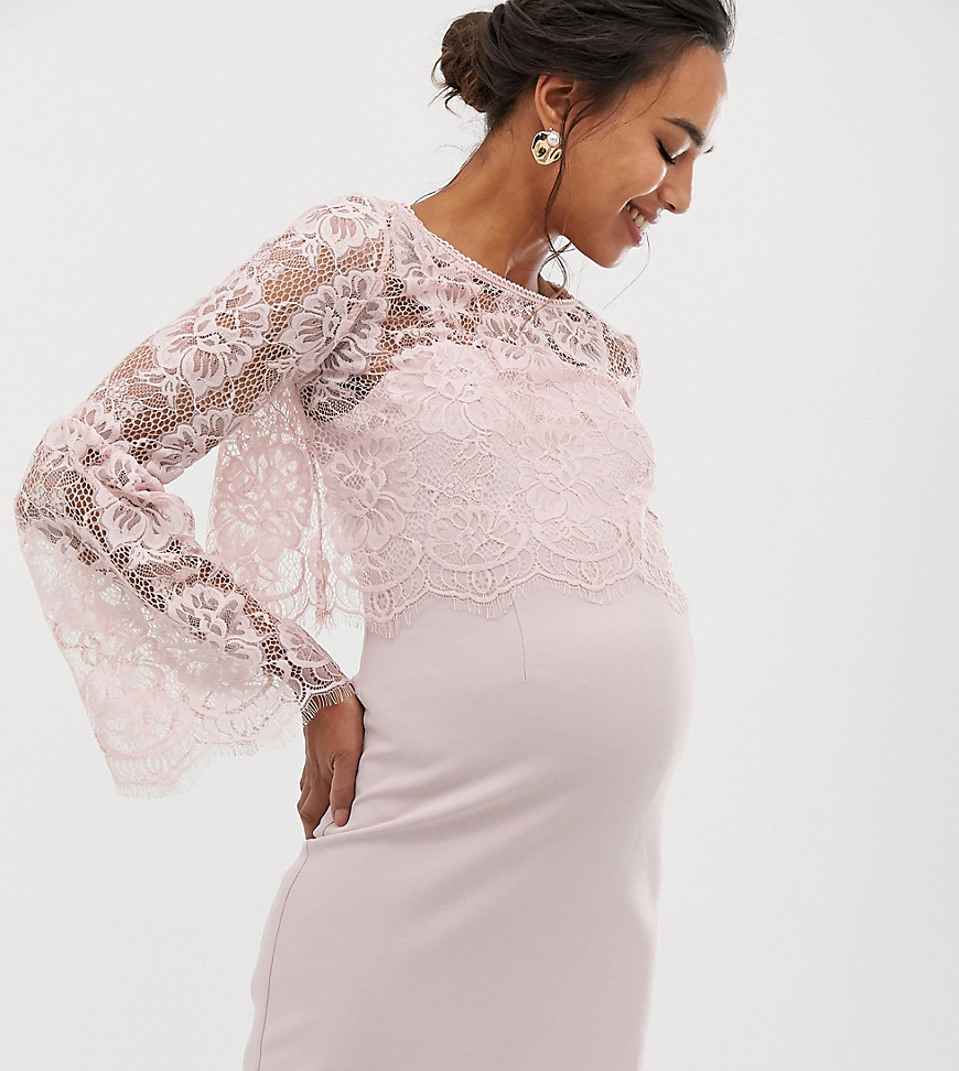 Chi Chi London Maternity - 2 in 1 kanten jurk met lange mouwen in minkroze-Grijs