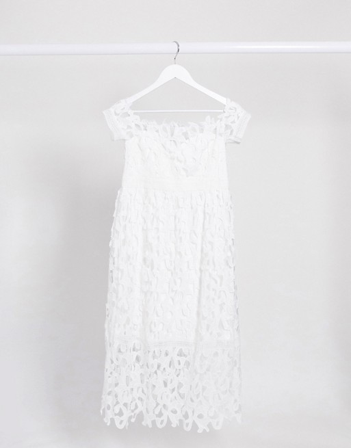 Chi Chi London Maternity bardot lace midi dress in white