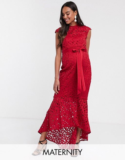 Chi Chi London Maternity crochet lace midaxi dress in red