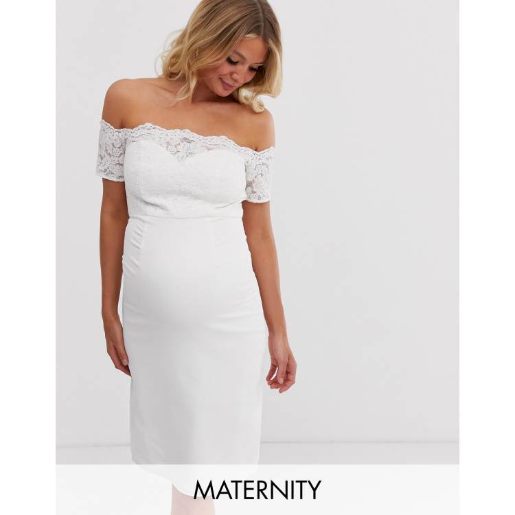 Chi Chi London Maternity crochet lace midi dress with bardot sleeve in  white | ASOS