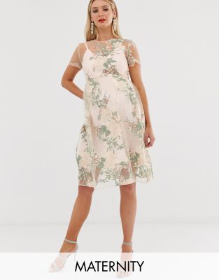 chi chi london embroidered midi dress with sheer overlay in pink