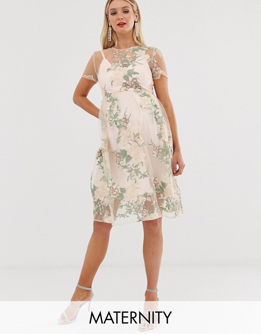 Chi Chi London Maternity embroidered midi dress with sheer overlay in pink