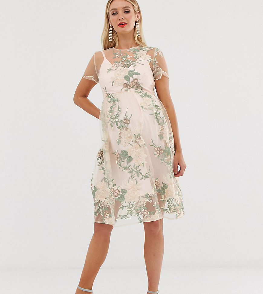 Chi Chi London Maternity embroidered midi dress with sheer overlay in pink-Multi
