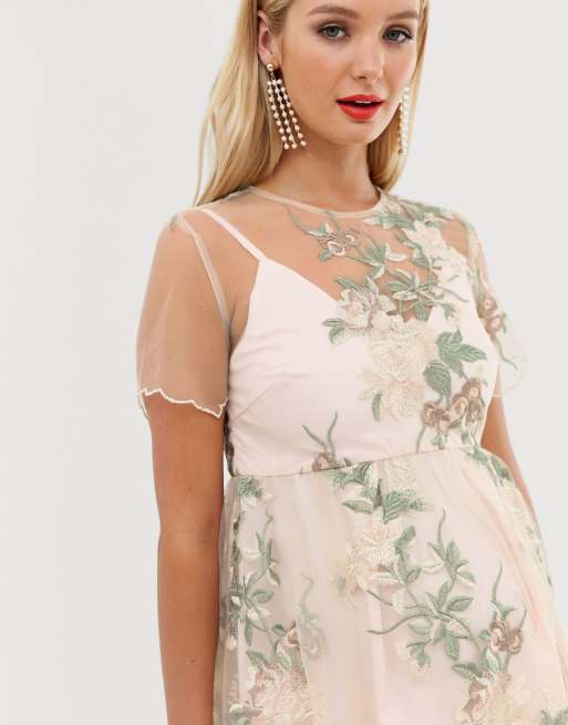 Floral Embroidered Mesh Overlay Midi Dress in Nude – Chi Chi London