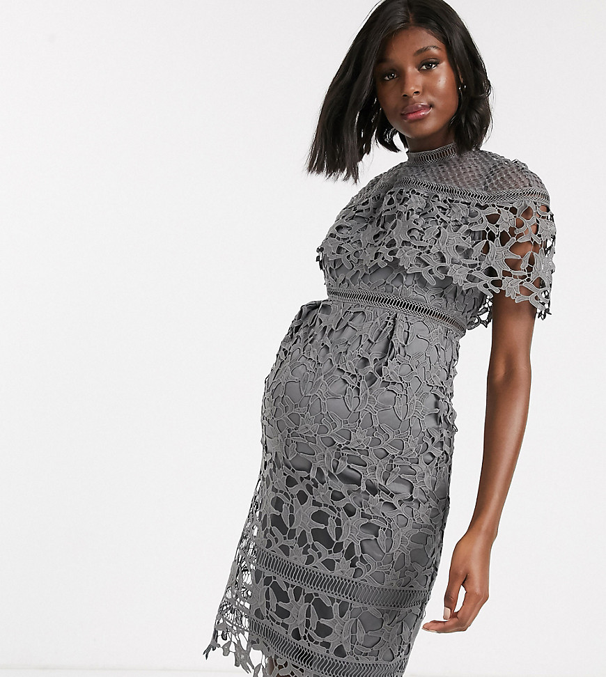 Chi Chi London Maternity high neck lace pencil midi dress in charcoal-Grey