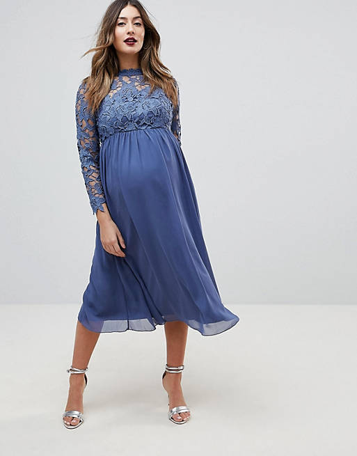 Chi Chi London Maternity High Neck Midi Skater Dress With Lace Sleeves