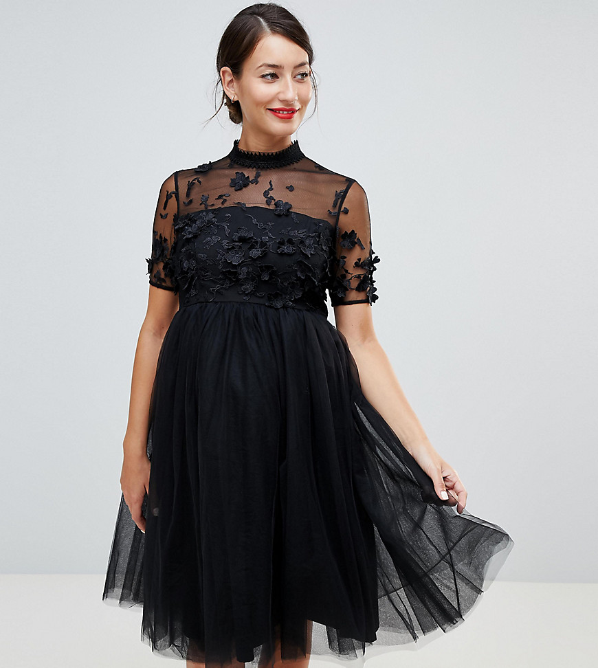 Chi Chi London Maternity high neck tulle midi dress with floral applique-Black