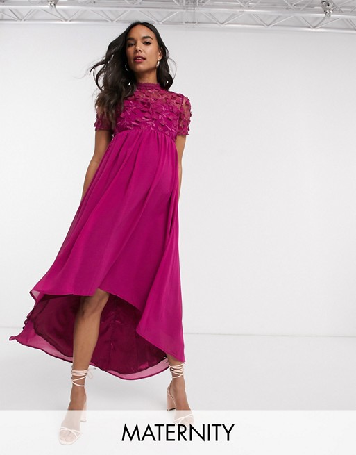 Chi Chi London Maternity lace detail midi dress with high low hem in fuchsia