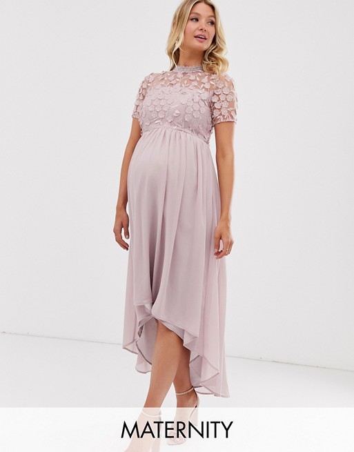 Chi Chi London Maternity lace detail midi dress with high low hem in mink