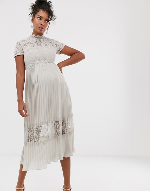 Chi Chi London Maternity lace midi dress with pleated skirt in grey | ASOS
