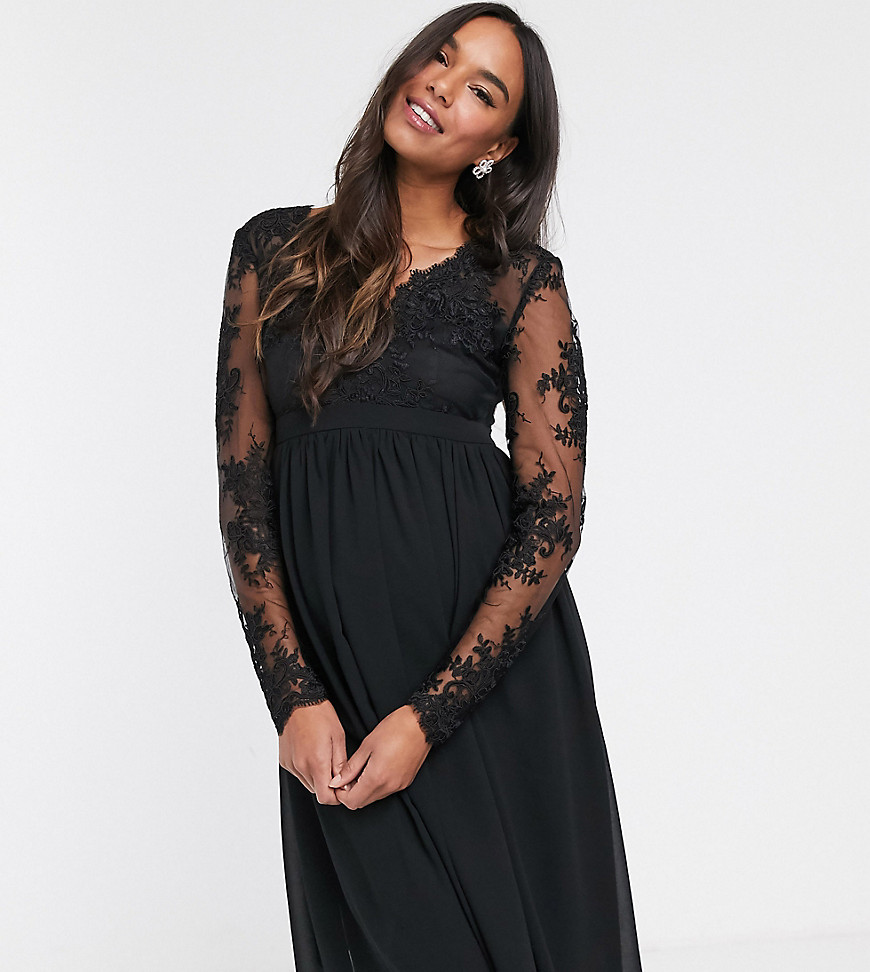 Chi Chi London Maternity lace midi dress with sheer sleeves in black