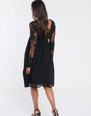 black midi dress with sheer sleeves