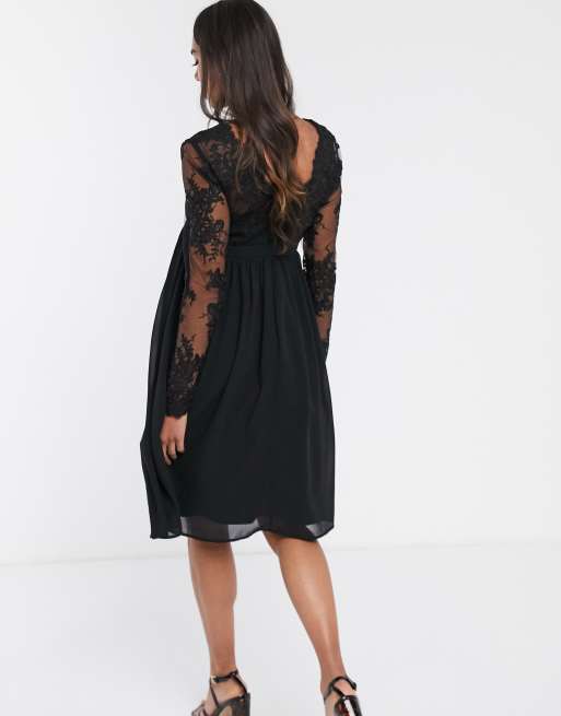 Chi Chi London Maternity lace midi dress with sheer sleeves in black