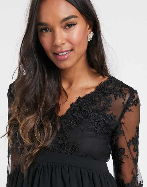 Chi Chi London Maternity lace midi dress with sheer sleeves in black