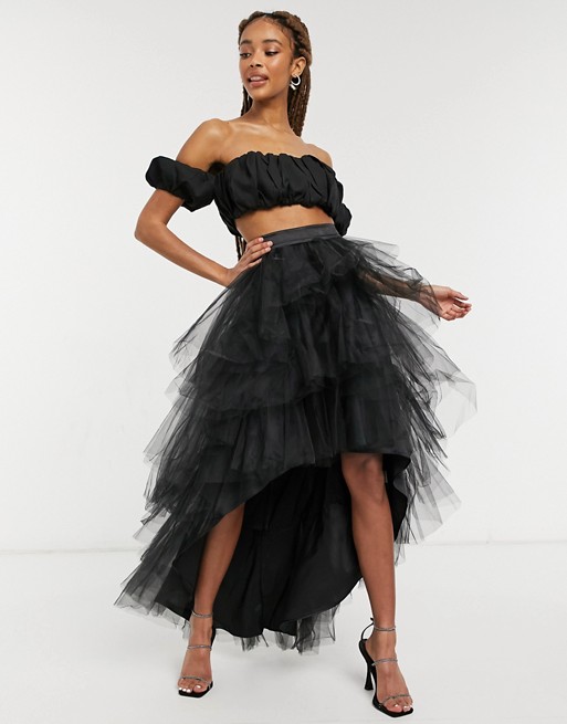Chi Chi London Mercy high low tiered tulle skirt in black