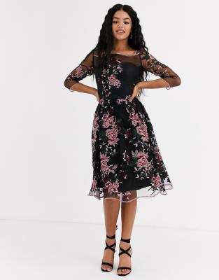 mesh embroidered midi dress