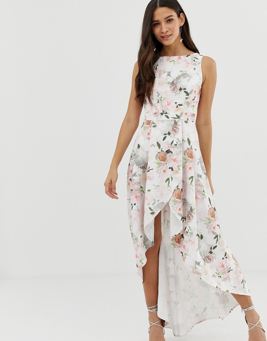 Chi Chi London midi dress with wrap skirt and hi low hem in floral print-Multi