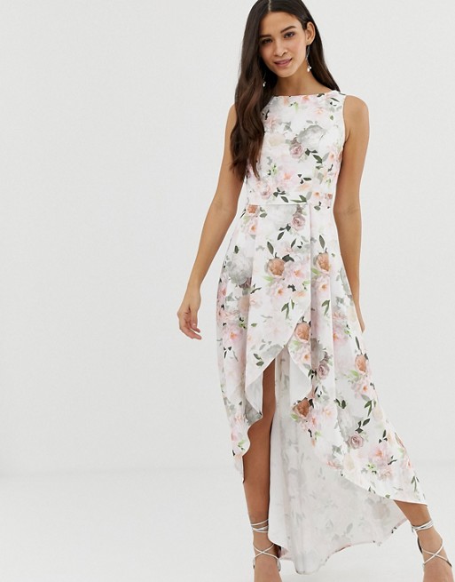 Chi Chi London midi dress with wrap skirt and hi low hem in floral print