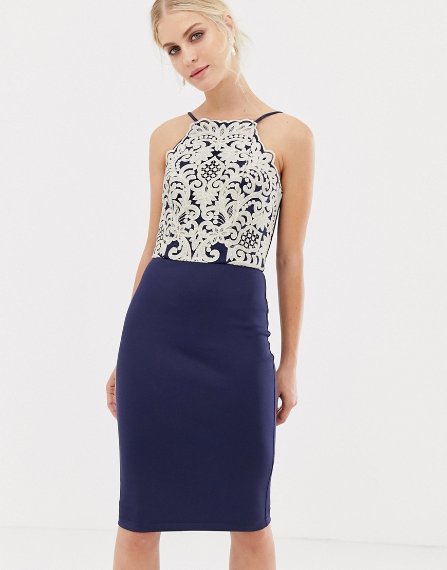 Chi Chi London midi pencil dress with gold embroidery in navy