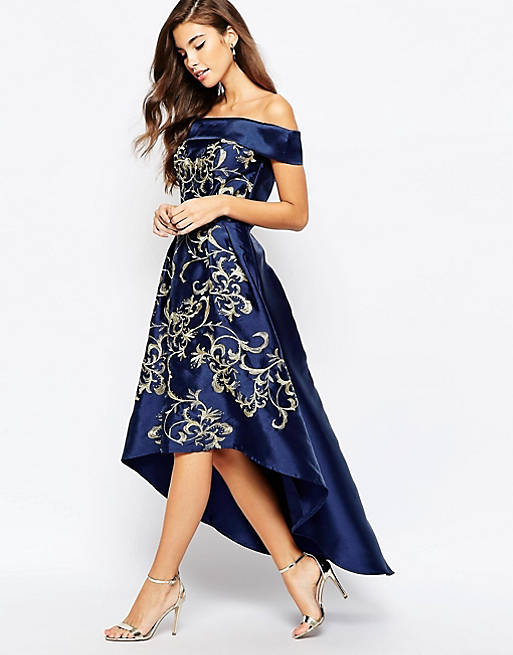 Chi Chi London Off Shoulder High Low Dress With Baroque Embroidery