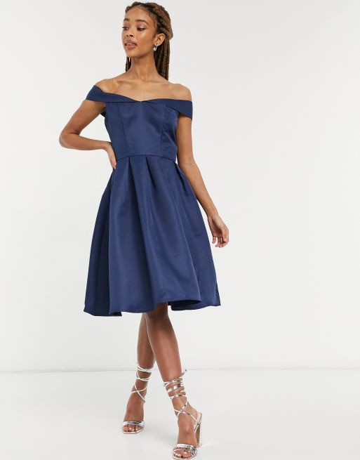 Chi Chi London off shoulder midi dress in navy | ASOS