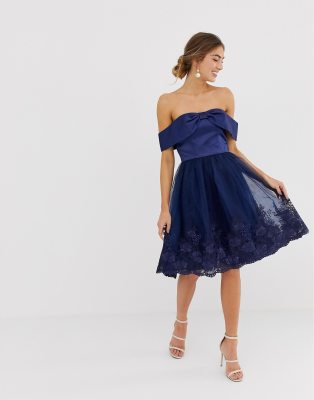 navy blue off the shoulder midi dress