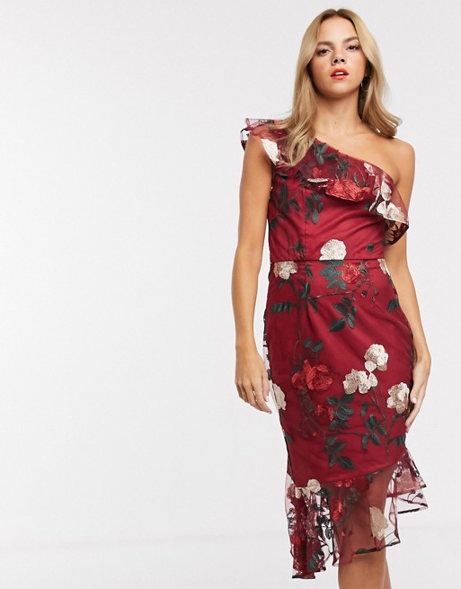 Chi Chi London one shoulder midi dress in floral embroidery