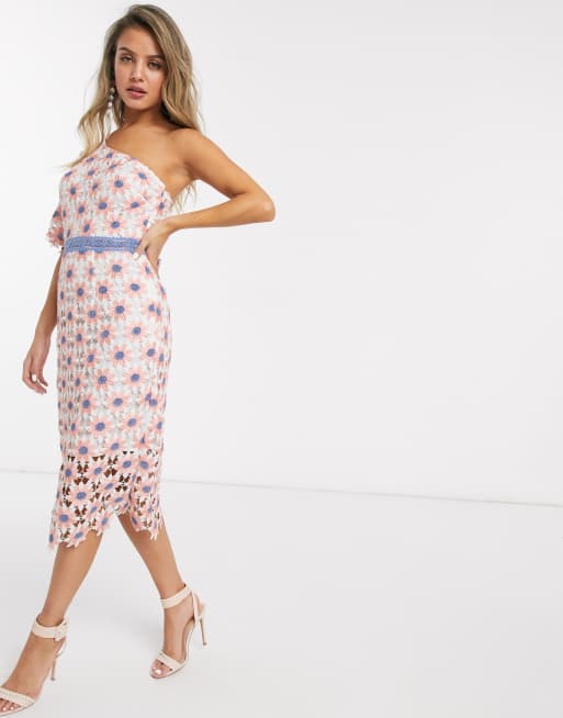 Chi Chi London one shoulder pencil dress in 2 tone lace in ivory ASOS