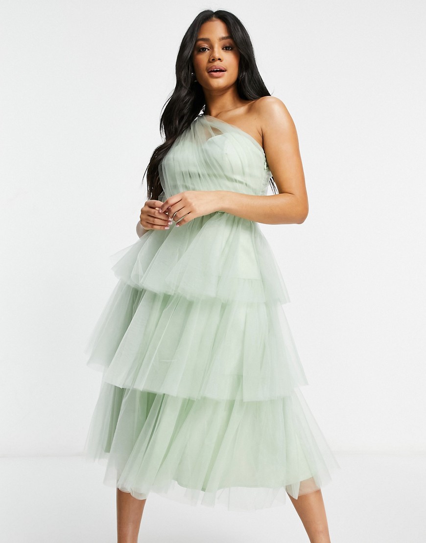 Chi Chi London one shoulder tiered tulle dress in mint-Green