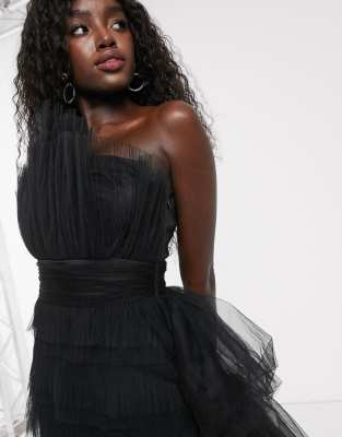 chi chi london one shoulder tiered tulle maxi dress in black