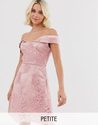 chi chi london tall bardot lace midi dress in blush pink
