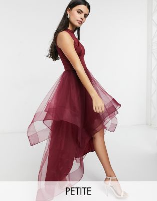 Chi Chi London Petite high low organza prom dress in burgundy-Red